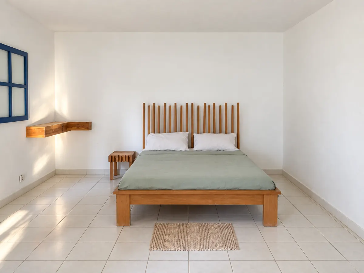 A superior bedroom: a double bed with a tall slatted wooden headboard and a green cover.